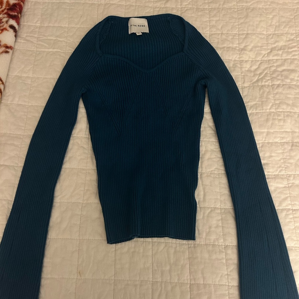Pink Rose Teal Off-the-Shoulder Sweater